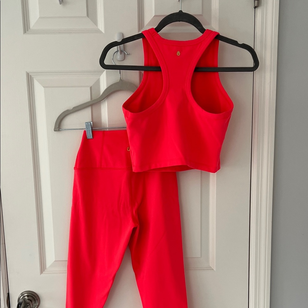 Women's High-Rise Active Leggings & Racerback Crop Top - Bright Neon Salmon/Red